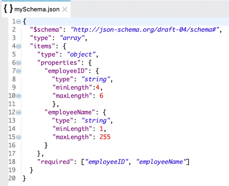 mySchema.json defining an array of objects requiring employeeID and employeeName with length limits