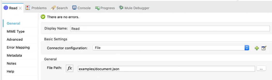 File Read operation configuration with File Path set to examples/document.json