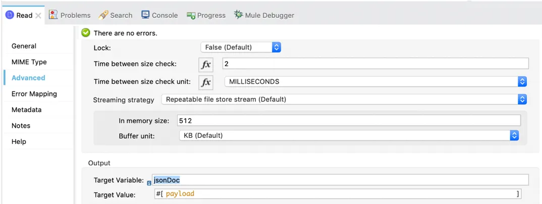 Read operation Advanced tab with Target Variable set to jsonDoc and Target Value to payload