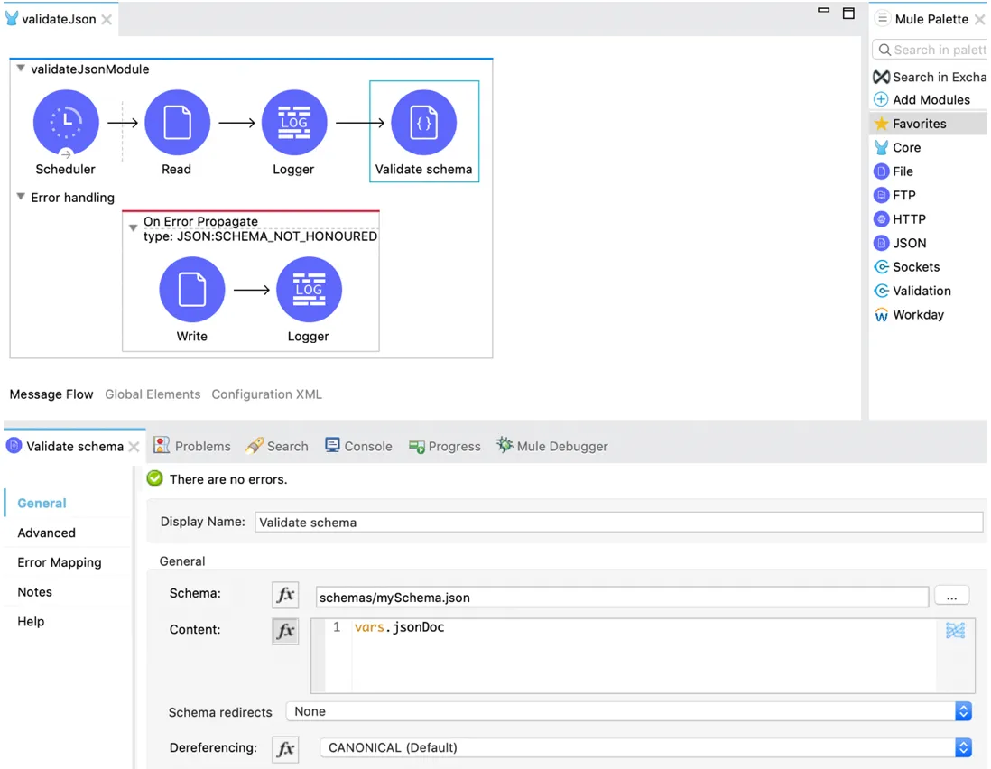 Validate schema component configured with the schema path and content set to the jsonDoc variable