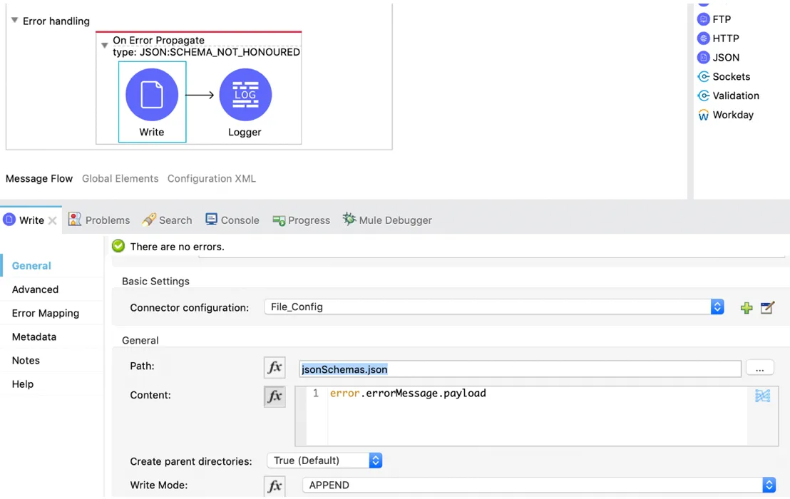 Write operation in the error handler saving the error payload to errorMessage-pay.csod