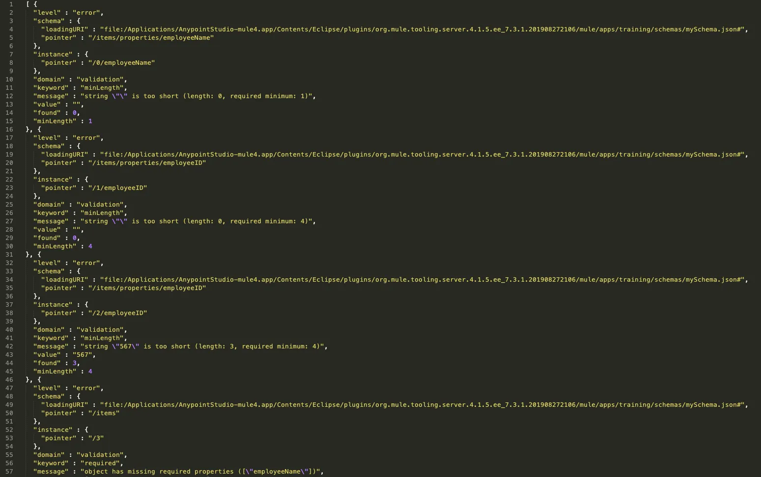 JSON validation error output listing schema violations like values too short and missing required properties
