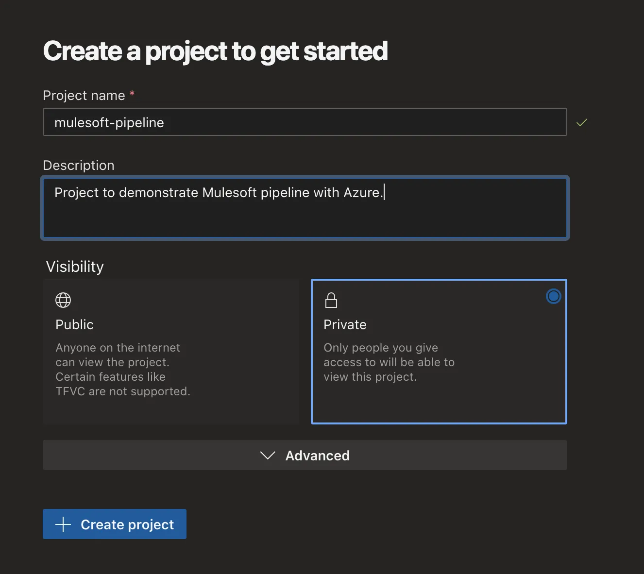 Azure DevOps Create a project form with name mulesoft-pipeline and Private visibility selected