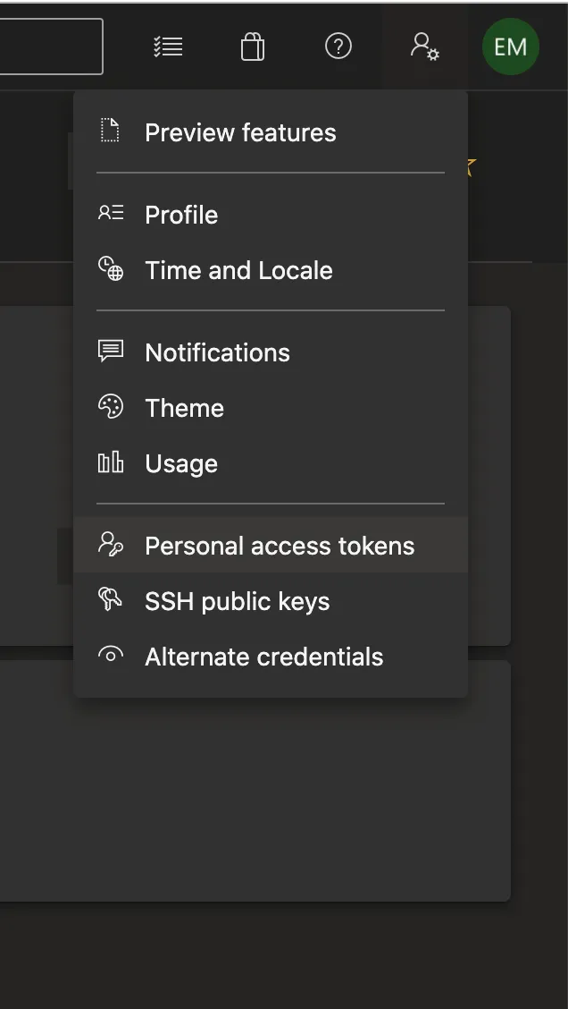 Azure DevOps user menu open with Personal access tokens option highlighted