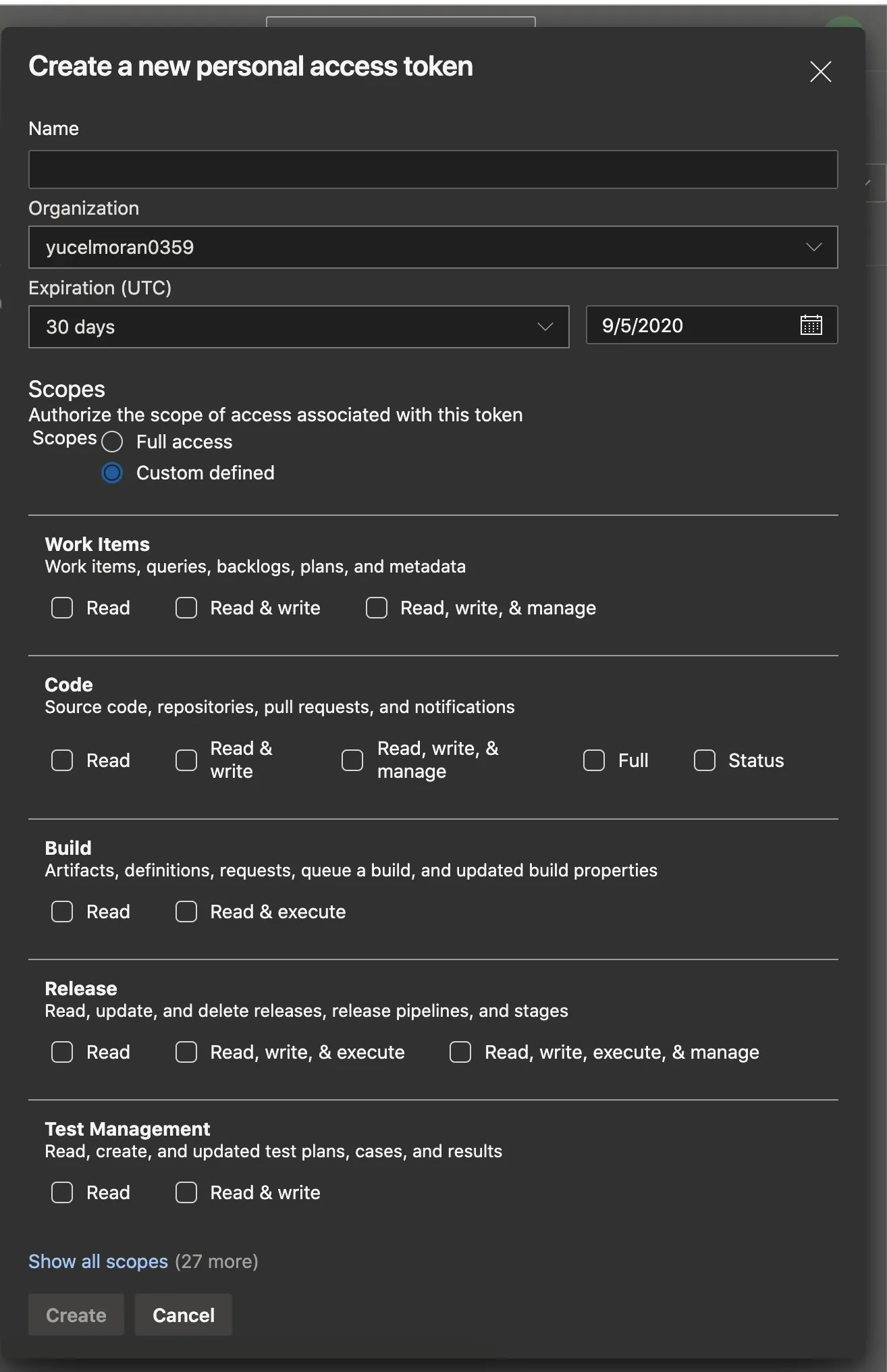 Create a new personal access token panel with name, expiration, and scope checkboxes