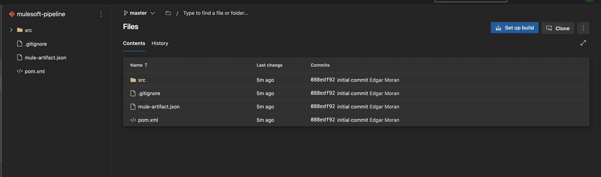 Azure Repos Files view on master listing src, .gitignore, mule-artifact.json and pom.xml