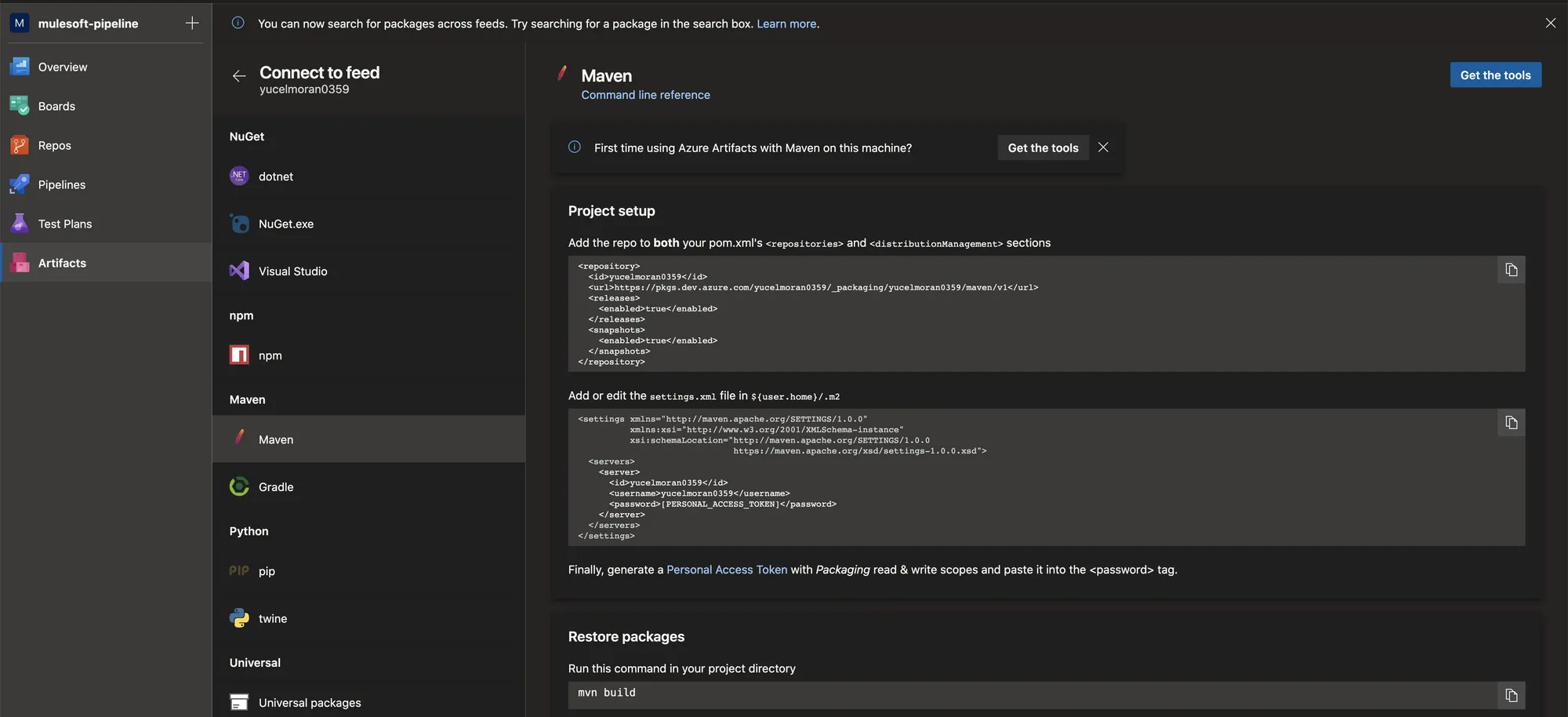 Azure Artifacts Connect to feed page showing Maven setup XML for pom and settings files