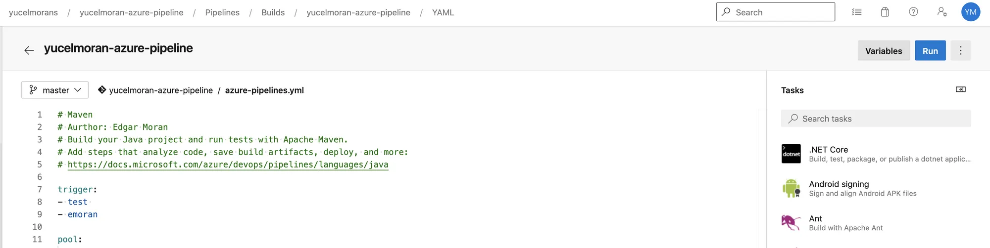 Pipeline YAML editor showing the generated azure-pipelines.yml with Maven trigger config