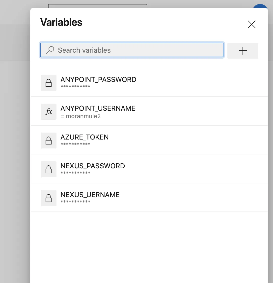 Pipeline Variables panel listing Anypoint, Azure token, and Nexus credential secrets