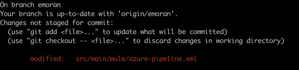 Terminal git status on the emoran branch showing the modified azure-pipeline.xml file