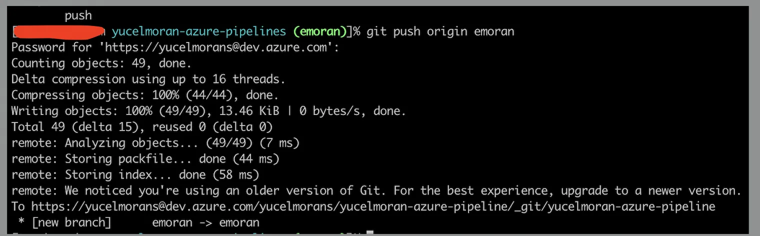 Terminal output of git push origin emoran creating the new branch on Azure