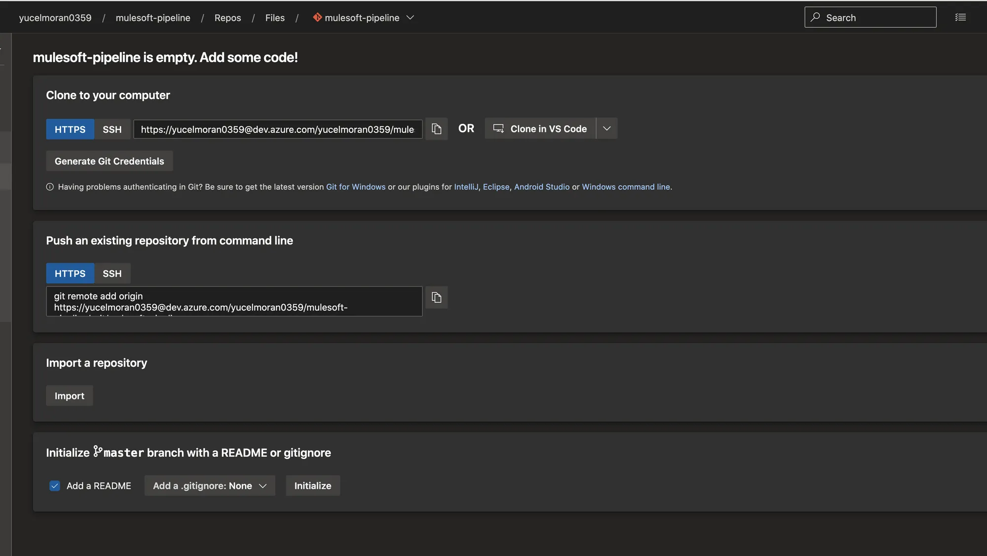 Empty Azure Repos page showing clone URL and commands to push an existing repository