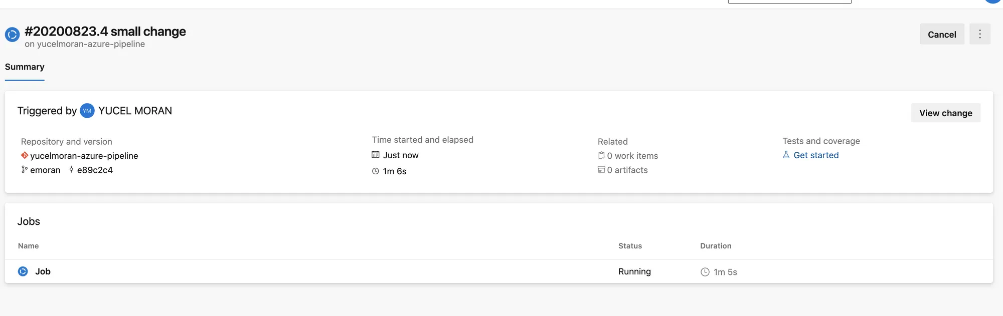 Azure pipeline run summary for the emoran branch with a job still running