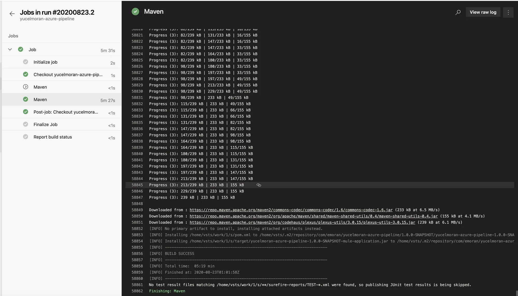Pipeline Maven job log for the emoran branch finishing a clean install build