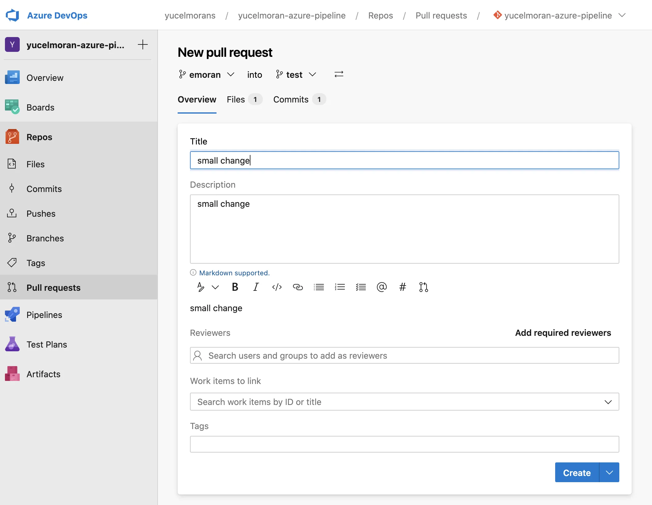 Azure DevOps New pull request form merging the emoran branch into test