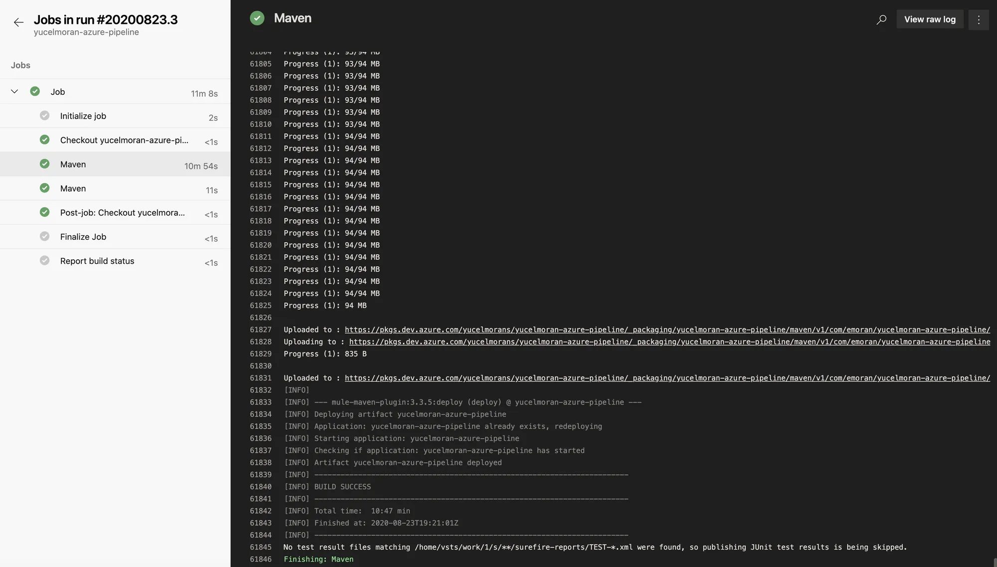 Pipeline Maven job log for the test branch uploading the artifact and deploying