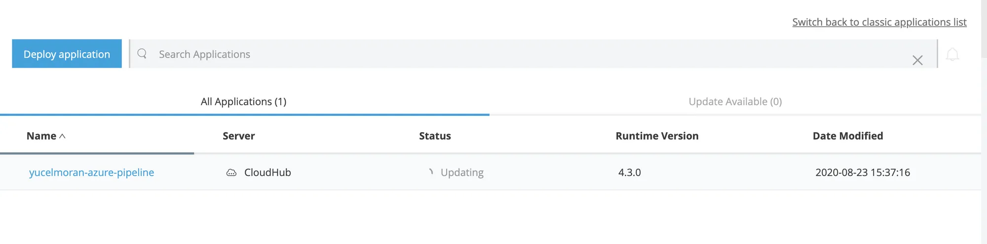 Anypoint Runtime Manager listing the yucelmoran-azure-pipeline app with Updating status