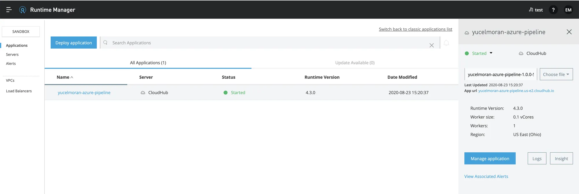 Runtime Manager detail panel showing the deployed CloudHub app in Started status
