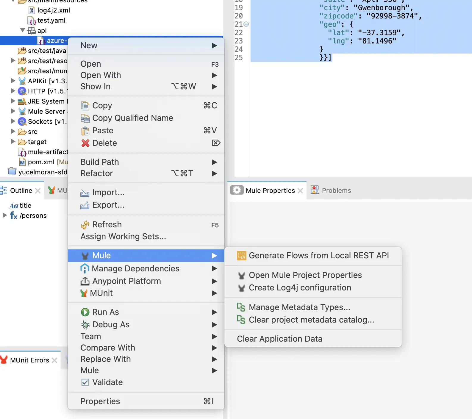 Anypoint Studio right-click menu choosing Mule then Generate Flows from Local REST API