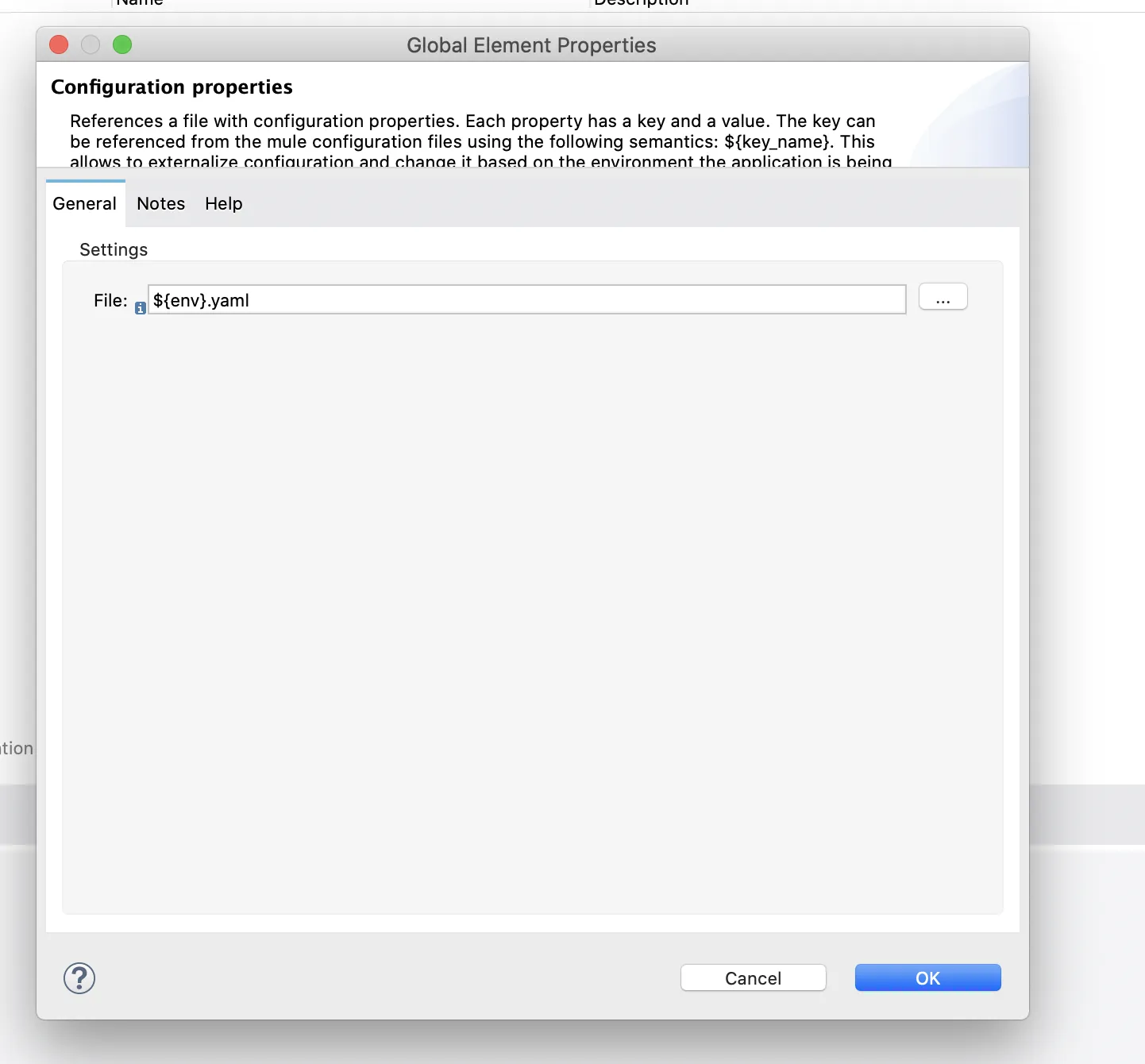 Configuration properties dialog with the File field set to an env-based YAML placeholder