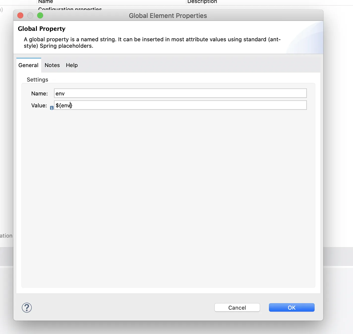 Global Property dialog defining a property named env with a placeholder value
