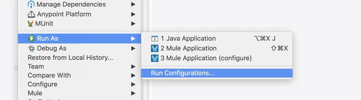 Anypoint Studio Run As submenu with Run Configurations option highlighted