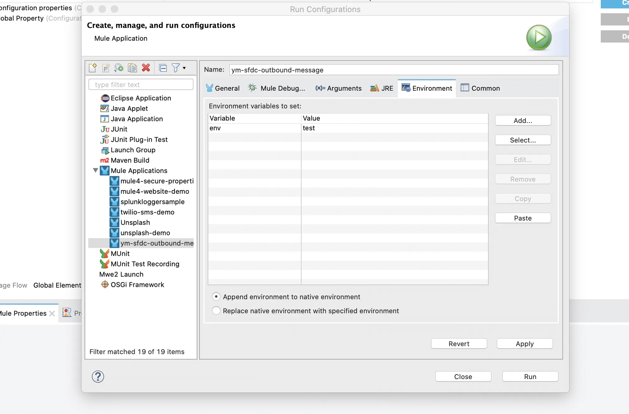 Run Configurations Environment tab adding an env variable set to test