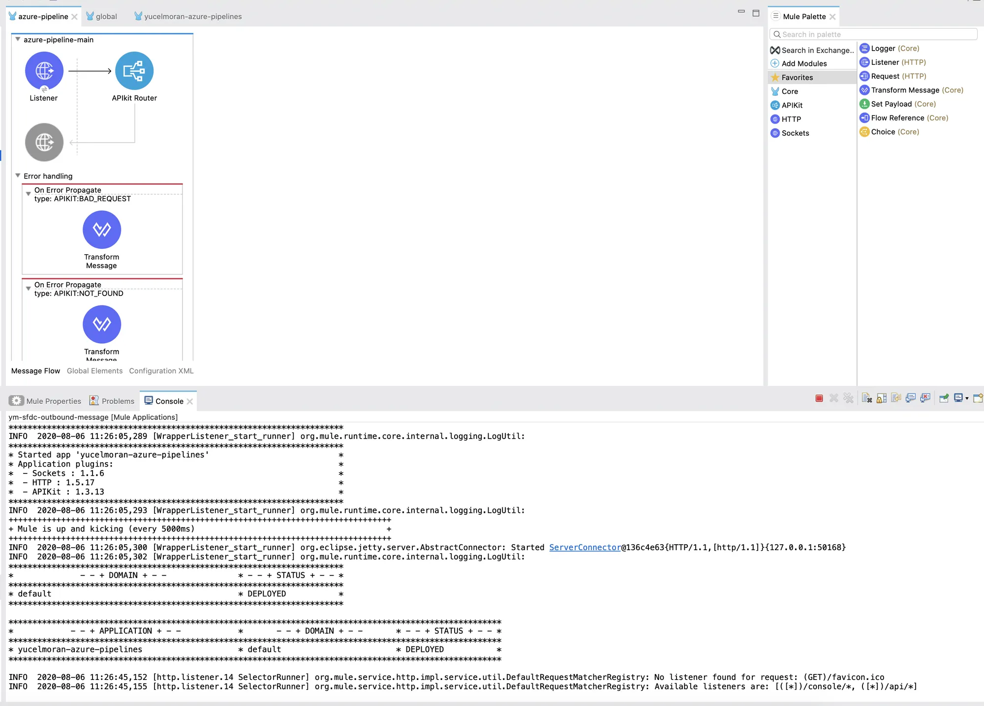 Anypoint Studio flow with APIkit Router and console showing the app deployed successfully