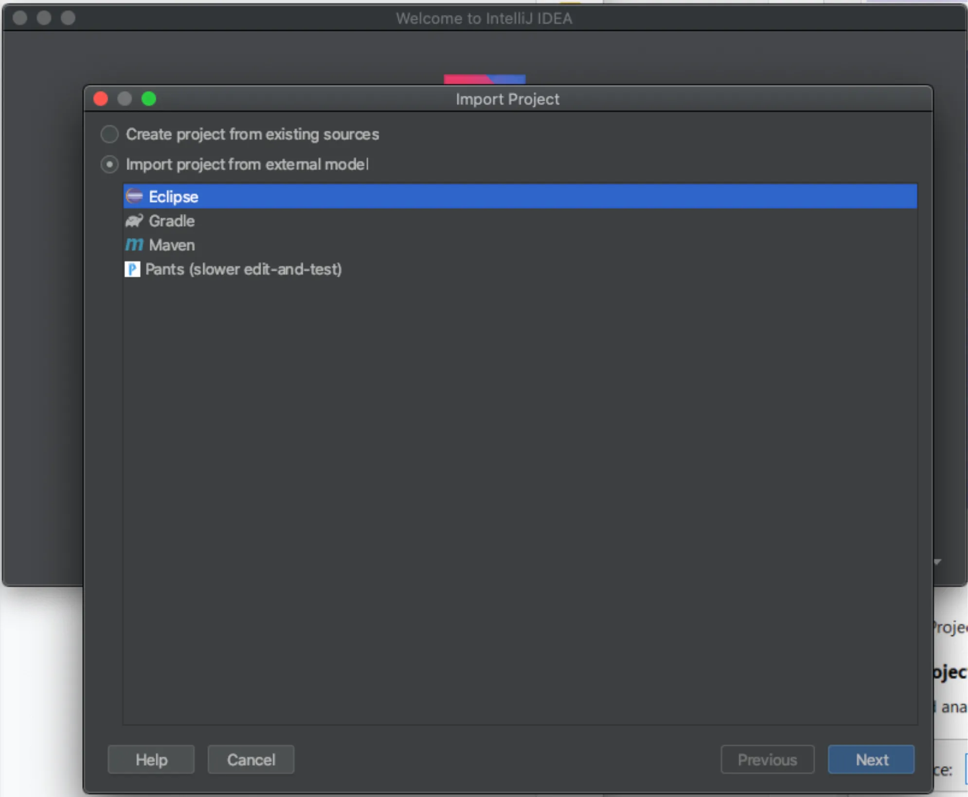 IntelliJ IDEA Import Project dialog with the Eclipse external-model option selected