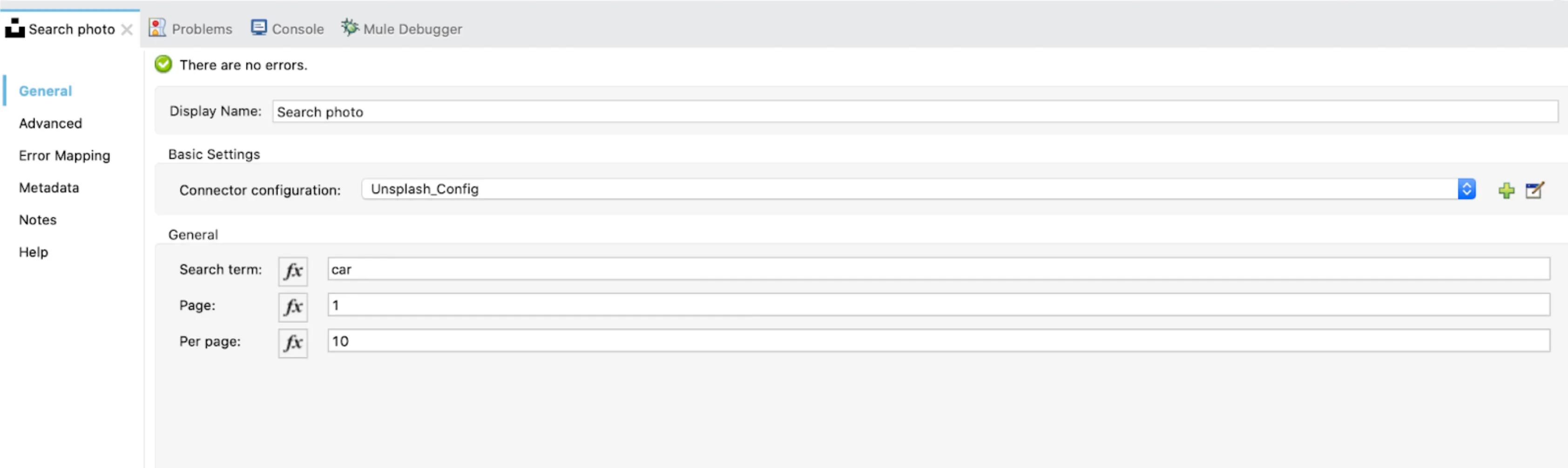 Search photo operation config with Search term, Page, and Per page fields in Anypoint Studio