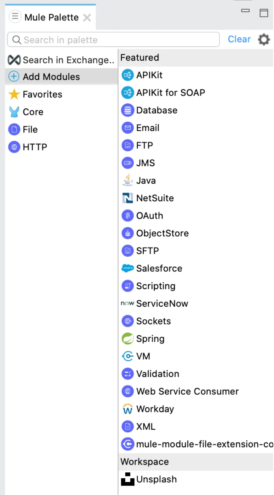 Mule Palette Add Modules view with the custom Unsplash module listed under Workspace