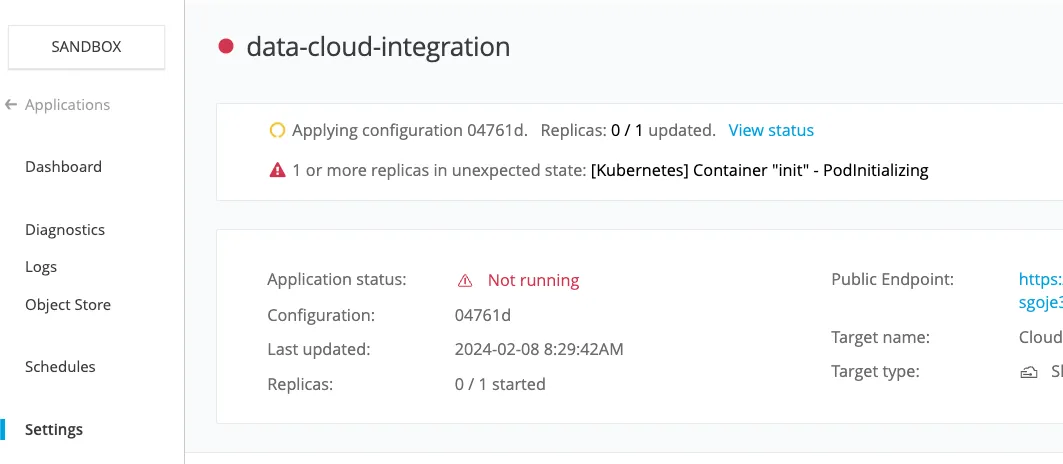 App Settings showing data-cloud-integration applying configuration with status Not running
