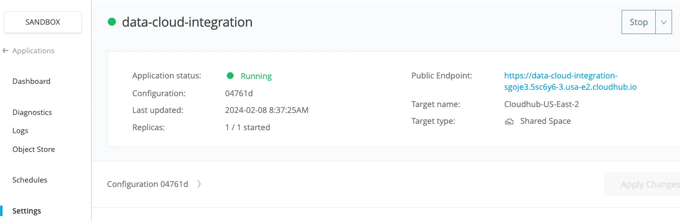 App Settings with status Running and the public endpoint CloudHub URL shown