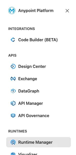 Anypoint Platform products menu with Runtime Manager highlighted