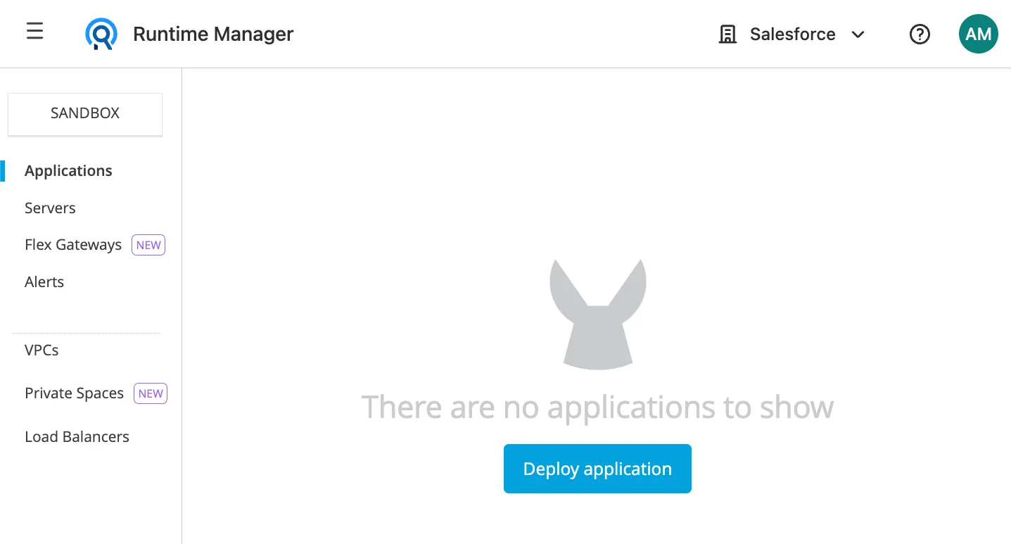 Empty Runtime Manager Applications view in the Sandbox with a Deploy application button