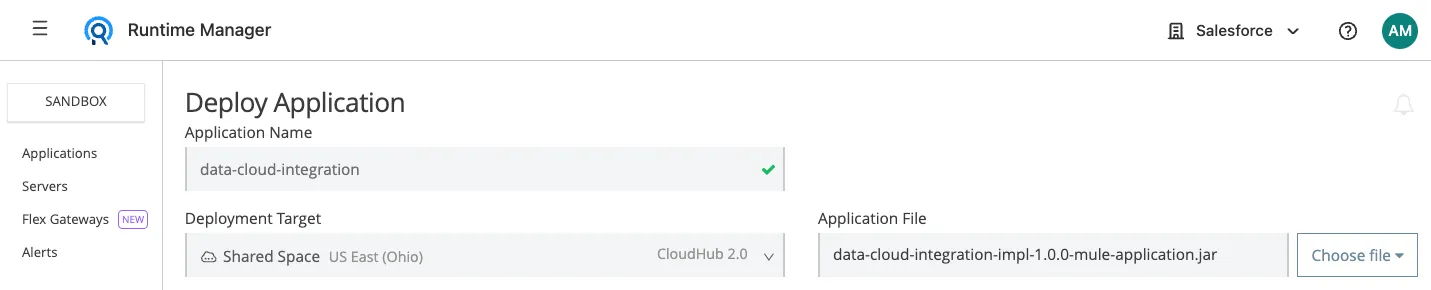 Deploy Application form with app name, CloudHub 2.0 target and the uploaded JAR file