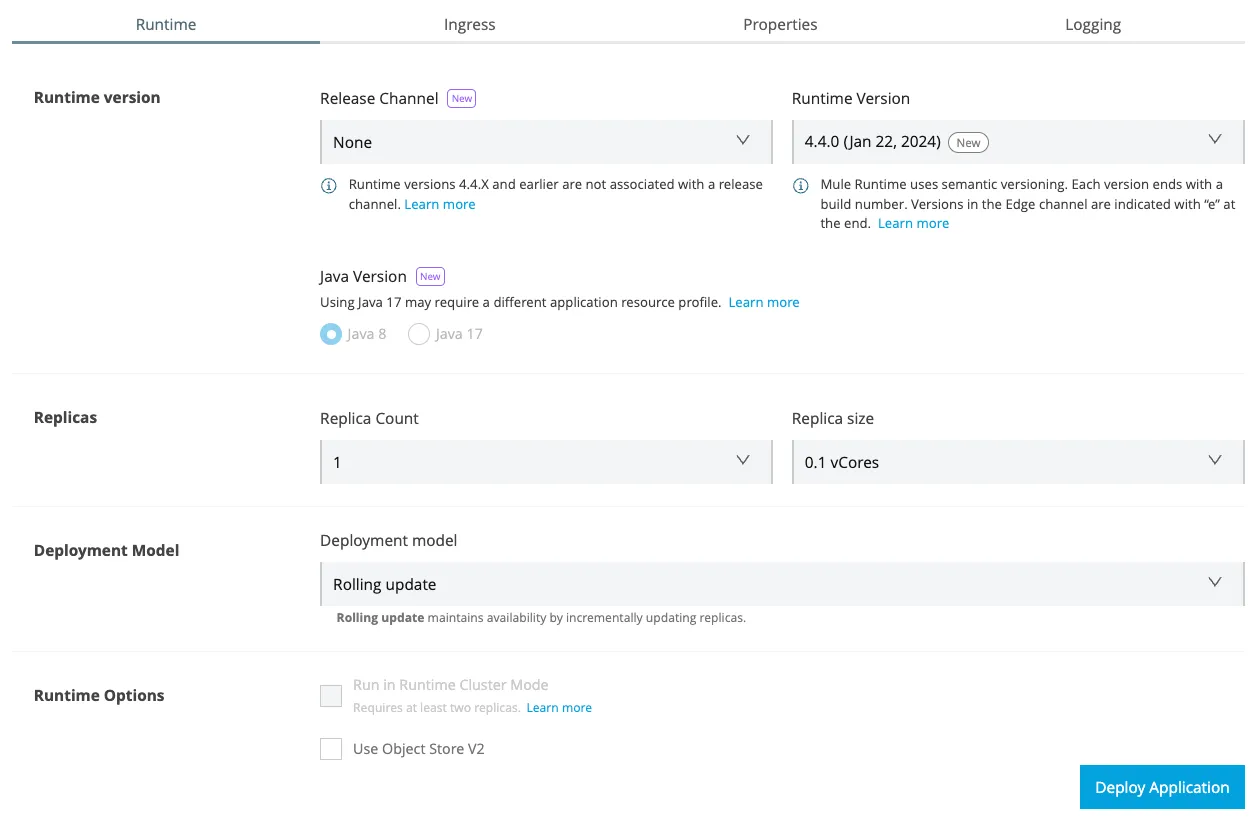 Runtime tab with Release Channel set to None and Runtime Version 4.4.0