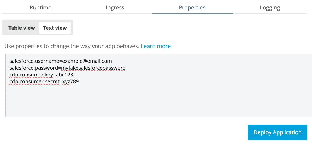 Properties tab Text view with the Salesforce and Data Cloud credentials pasted in