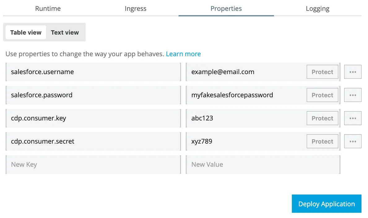 Properties tab Table view with a Protect button next to each property value