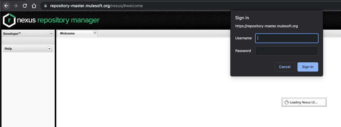 Nexus Repository Manager sign-in dialog prompting for username and password