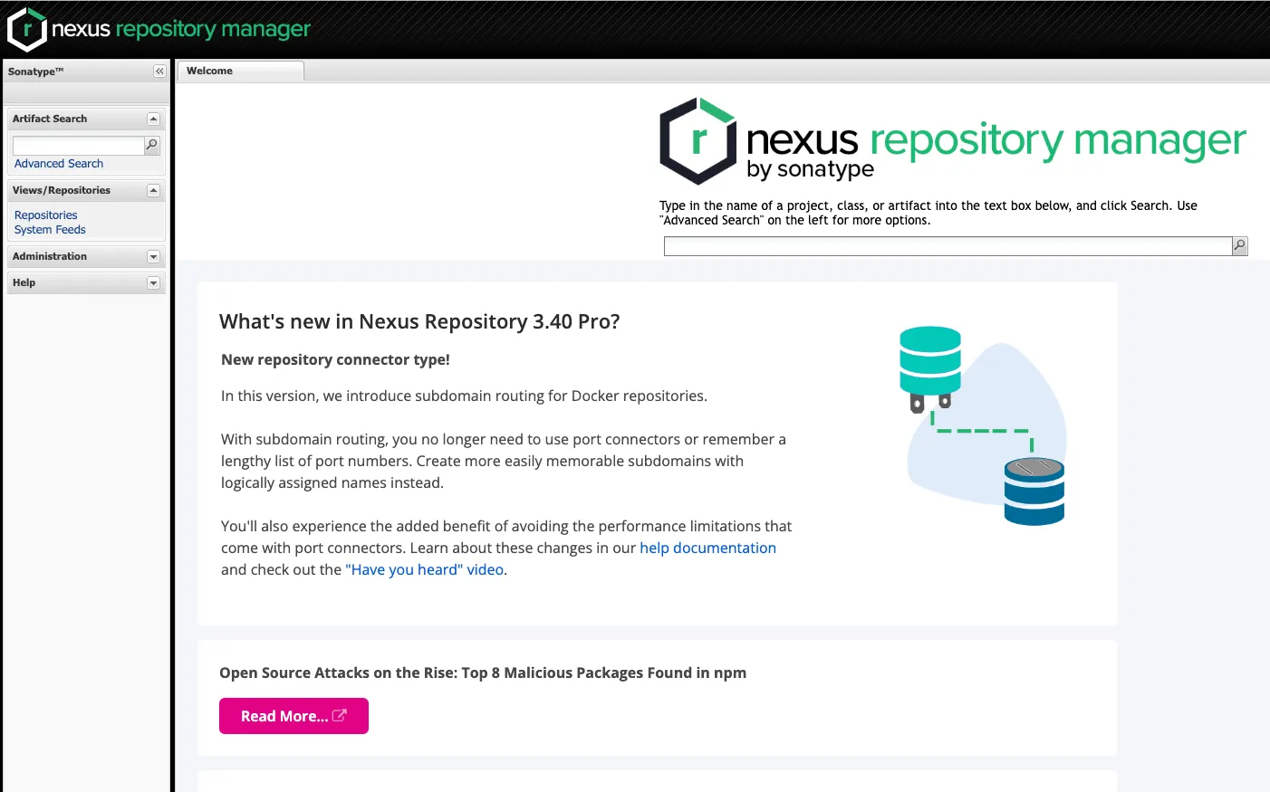 Nexus Repository Manager welcome page shown after a successful login
