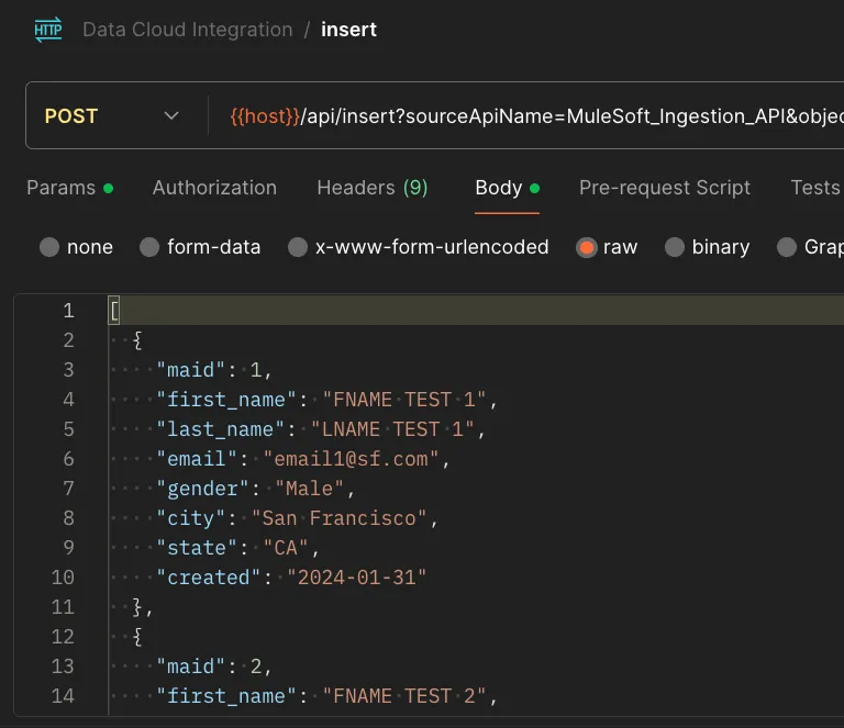 Postman insert request body with a JSON array of records to add