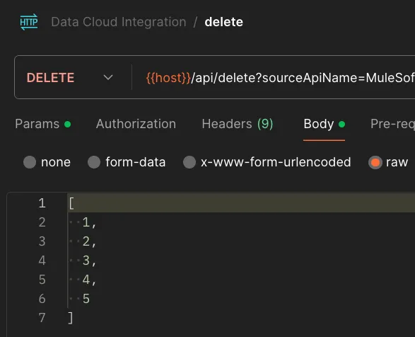 Postman delete request body with a JSON array of primary keys to remove