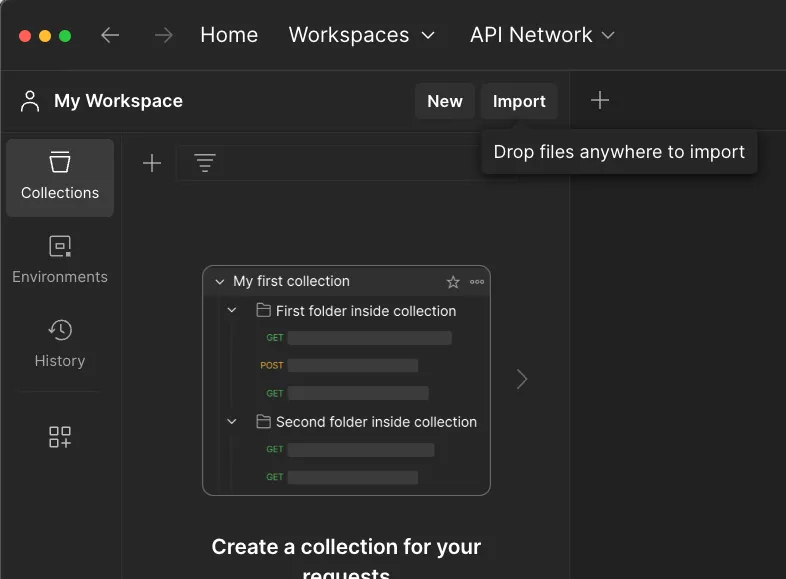 Postman Collections tab with the Import button highlighted