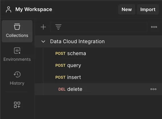 Imported Data Cloud Integration collection with schema, query, insert and delete requests