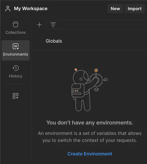 Empty Postman Environments tab with a Create Environment link