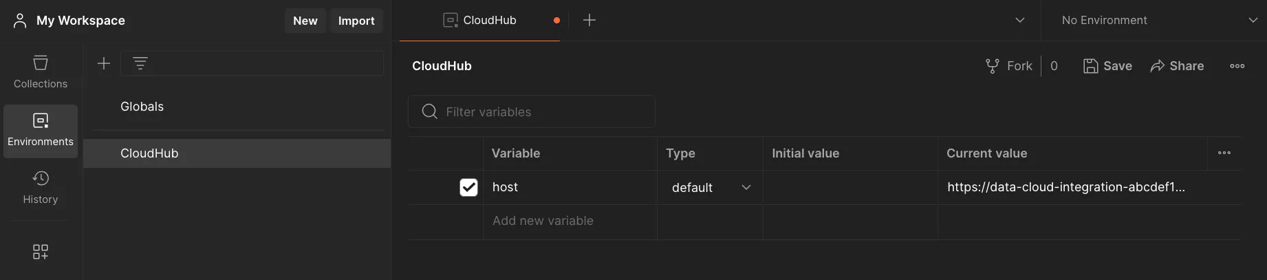 CloudHub Postman environment with a host variable set to the Mule app URL