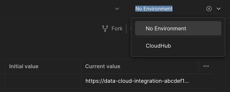 Postman environment dropdown listing No Environment and the CloudHub environment