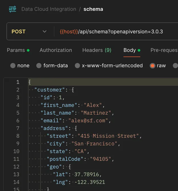 Postman schema POST request with a nested customer JSON object in the raw body