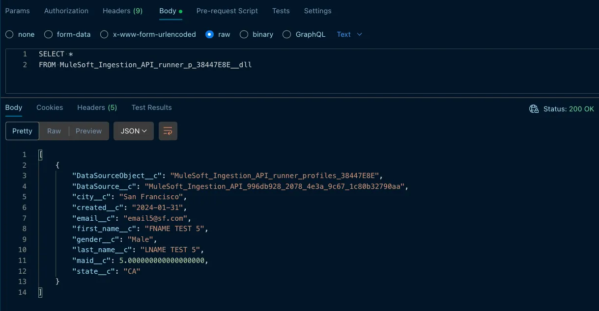 Postman SELECT query returning a 200 OK with a Data Cloud profile record, before the policy is applied